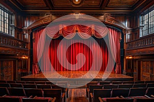 Vintage theater with grand red curtain and luxurious wooden interior, evoking nostalgia and beauty.