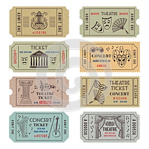 Vintage theatre or cinema tickets with different monochrome symbols of ballet or opera