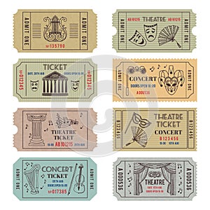 Vintage theatre or cinema tickets with different monochrome symbols of ballet or opera photo