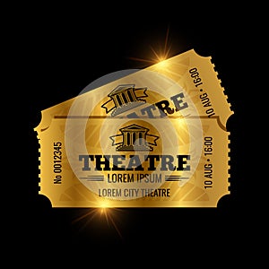 Vintage theatre tickets vector template. Vector golden tickets isolated on black backgound