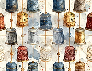 Vintage Thimbles and Thread Spools Watercolor Pattern