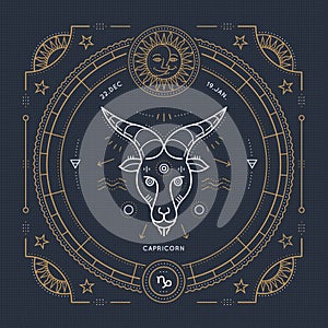 Vintage thin line Capricorn zodiac sign label. Retro vector astrological symbol, mystic, sacred geometry element, emblem