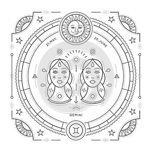Vintage thin line Gemini zodiac sign label. Retro vector astrological symbol, mystic, sacred geometry element, emblem