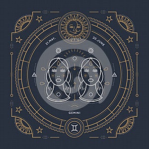 Vintage thin line Gemini zodiac sign label. Retro vector astrological symbol, mystic, sacred geometry element, emblem