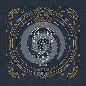 Vintage thin line Scorpio zodiac sign label. Retro vector astrological symbol, mystic, sacred geometry element, emblem