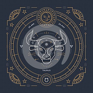 Vintage thin line Taurus zodiac sign label. Retro vector astrological symbol, mystic, sacred geometry element, emblem