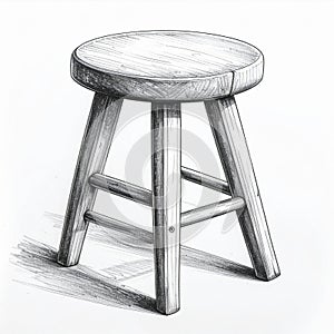 Vintage Three Legged Wooden Stool Isolated on White Background Hand Drawing