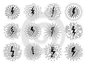 Vintage thunderbolt sign. Retro energy burst, lightning starburst and lightnings blitz flash hipster signs vector