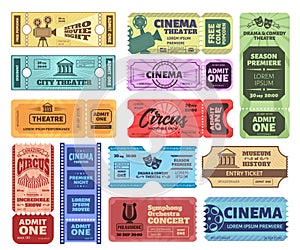 Vintage tickets. Admit one ticket on circus show, cinema movie night admission coupon and theatre tickets vector set