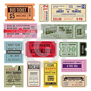 Vintage tickets. Hand ticket of circus, cinema and concert party. Old paper voucher, travelling cruise raffle coupon