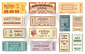 Vintage tickets, retro movie, concert, theater ticket. Old paper voucher card, sports event entrance pass, circus admit