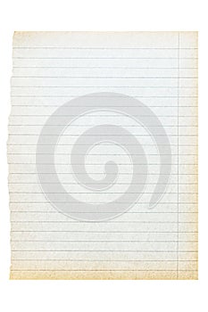 Vintage time-yellowed lined sheet of paper torn from an old notebook. Isolated on a transparent background.