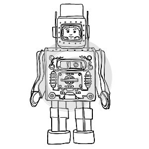 Vintage Tin & Plastic  Toy Robot hand drawn cute line art illustration