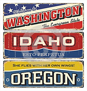 Vintage tin sign collection with America state. Washington. Idaho. Oregon. Retro souvenirs or postcard templates on rust