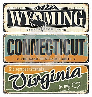 Vintage tin sign collection with America state. Wyoming. Connecticut. Virginia. Retro souvenirs on rust background. American