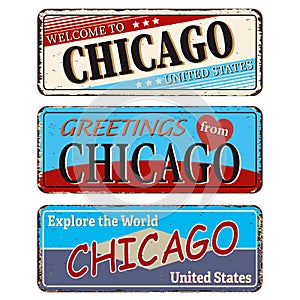 Vintage tin sign collection with US. Chicago City. Retro souvenirs or old paper postcard templates on rust background