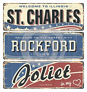 Vintage tin sign collection with US cities. St. Charles. Rockford. Joliet. Illinois.