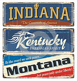 Vintage tin sign collection with US. Indiana. Kentucky. Montana.