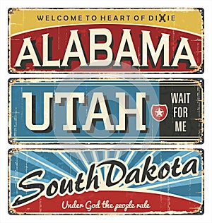 Vintage tin sign collection with USA state. Alabama. Utah. South Dakota. Retro souvenirs or postcard templates on rust