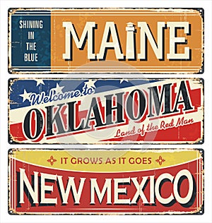 Vintage tin sign collection with USA state. Maine. Oklahoma. New Mexico. Retro souvenirs or postcard templates on rust back