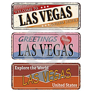 Vintage tin sign. Las Vegas. Retro souvenirs or old postcard templates on rust background.