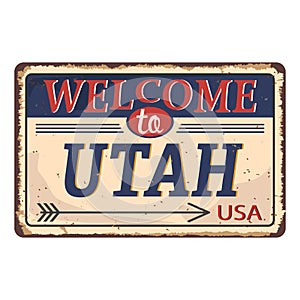 Vintage tin sign with USA state. Utah. Retro souvenirs or postcard templates on rust background. Dixie. South.