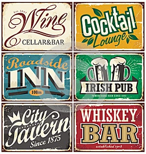 Vintage tin signs collection with various drinks and beverages themes