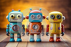 Vintage tin toy robots on wooden background.