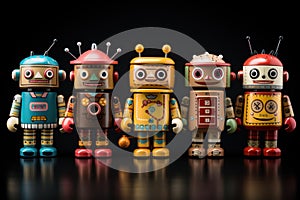 Vintage tin toy robots on wooden background.