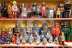 Vintage tinplate robots on display at HOMI, home international show in Milan, Italy