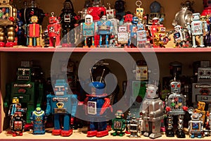 Vintage tinplate robots on display at HOMI, home international show in Milan, Italy