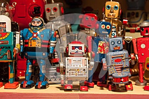 Vintage tinplate robots on display at HOMI, home international show in Milan, Italy