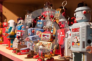 Vintage tinplate robots on display at HOMI, home international show in Milan, Italy