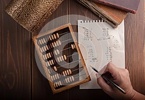 Vintage tone of women's hands doing accounting with old accounts . financial concept