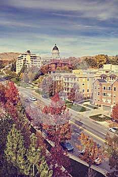 Vintage toned Salt Lake City downtown in autumn, USA.