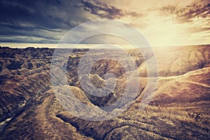 Vintage toned scenic sunset over Badlands National Park.