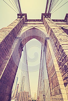 Vintage toned wide angle photo of Brooklyn Bridge, NYC.