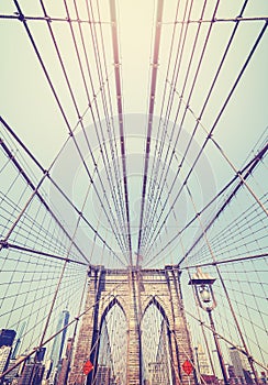 Vintage toned wide angle photo of Brooklyn Bridge, NYC.