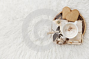 Vintage toning background with old paper, coffee, and dry flowers.