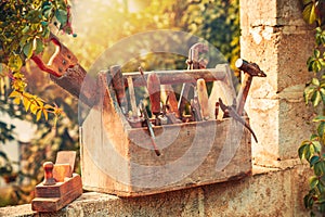 Vintage tool box at sunset