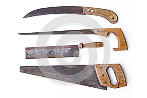 Vintage tools - set old saws, handsaws isolated