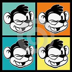 Vintage toons. four images of retro cartoon character smiley and winks monkey on the colorful background