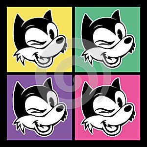 Vintage toons. four images of retro cartoon character smiley and winks woolf on the colorful background