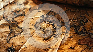 Vintage torn paper world map on table, old brown worn rare sheet, background for journey theme. Concept of antique, history,