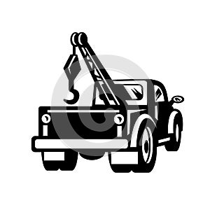 Vintage Tow Truck or Wrecker Pick-up Truck Rear View Retro Black and White