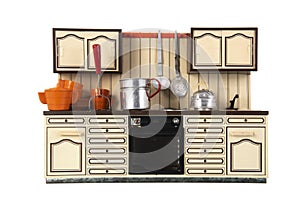 Vintage toy kitchen with utensil