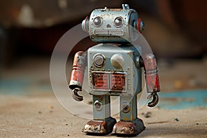 Vintage toy robot on wooden surface