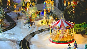 Vintage toy store with carousel train and balloon in white snow christmas set