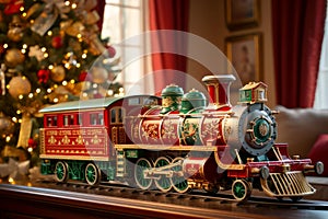 Vintage toy train in red and green parked by decorated Christmas tree creating festive holiday scene