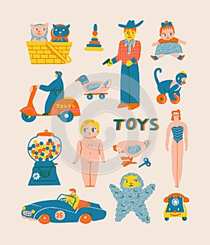 Vintage toys collection of toys, cowboy, car, motorcycle, monkey, gumball machine, pyramid and others.